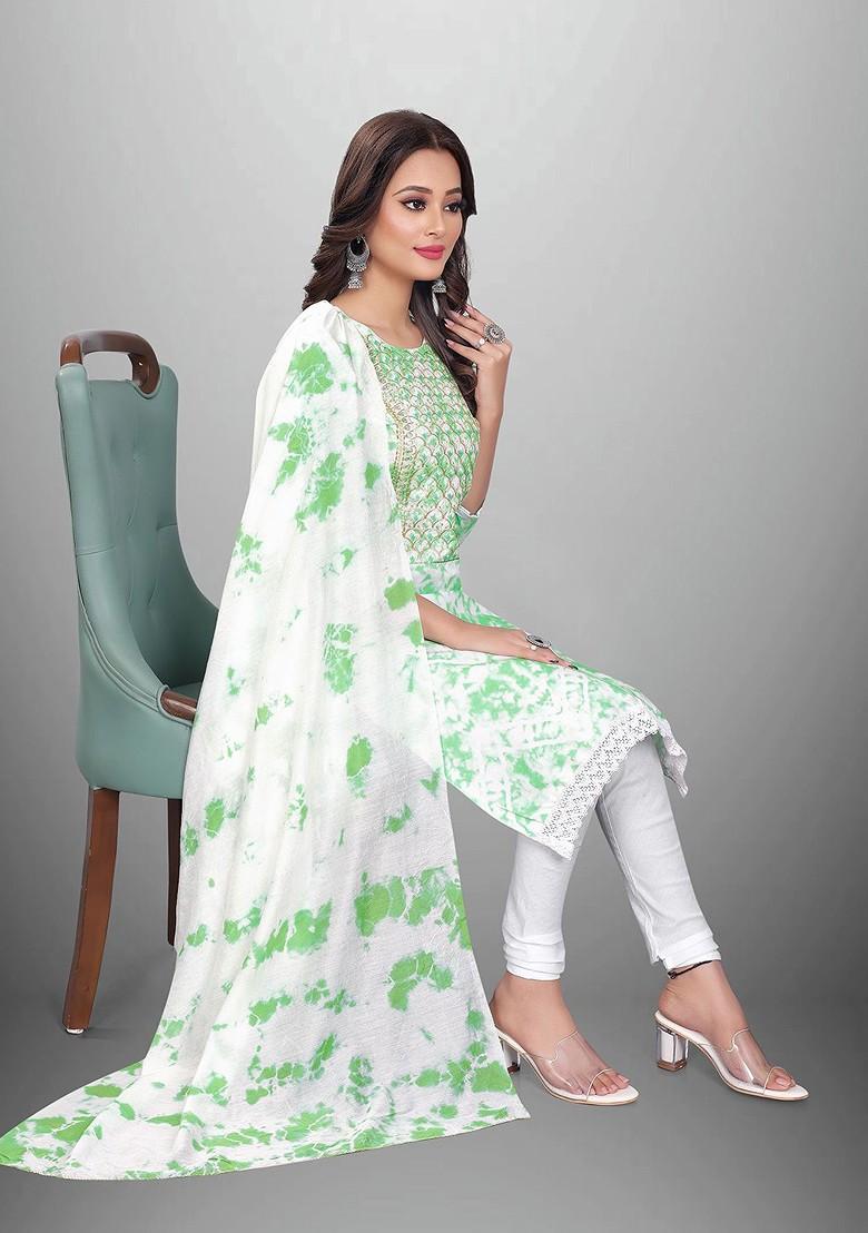 Green Embroidered Poly Blend Kurta Set - Indya