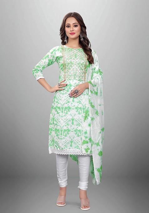 Green Embroidered Poly Blend Kurta Set