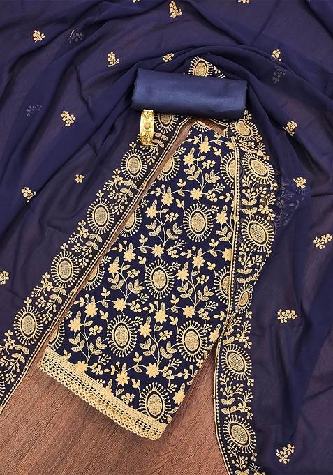 Navy Blue Embroidered Poly Blend Kurta Set