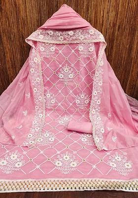 Pink Embroidered Poly Blend Kurta Set