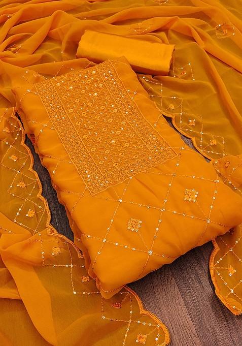 Mustard Embroidered Blended Straight Kurta Set