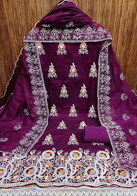 Purple Embroidered Poly Blend Kurta Set