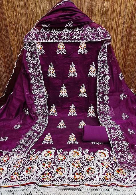 Purple Embroidered Poly Blend Kurta Set