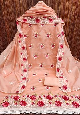 Peach Embroidered Poly Blend Kurta Set