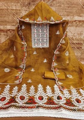 Mustard Embroidered Organza Kurta Set