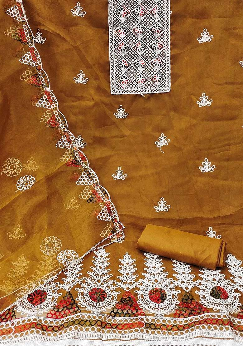 Mustard Embroidered Organza Punjabi Suit - Indya