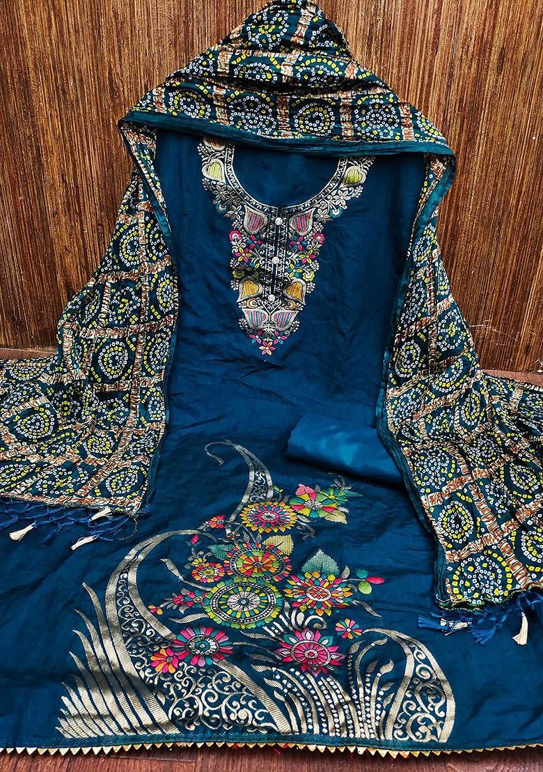 Teal Solid Pure Silk Kurta Set