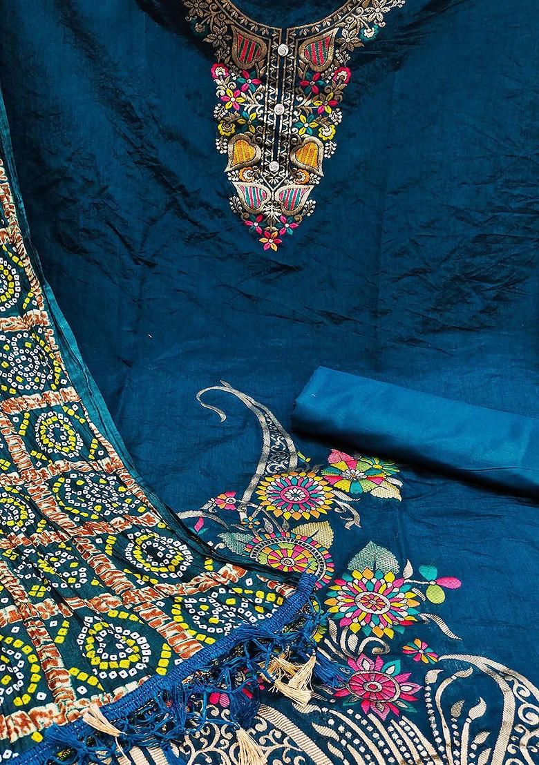 Teal Solid Pure Silk Kurta Set