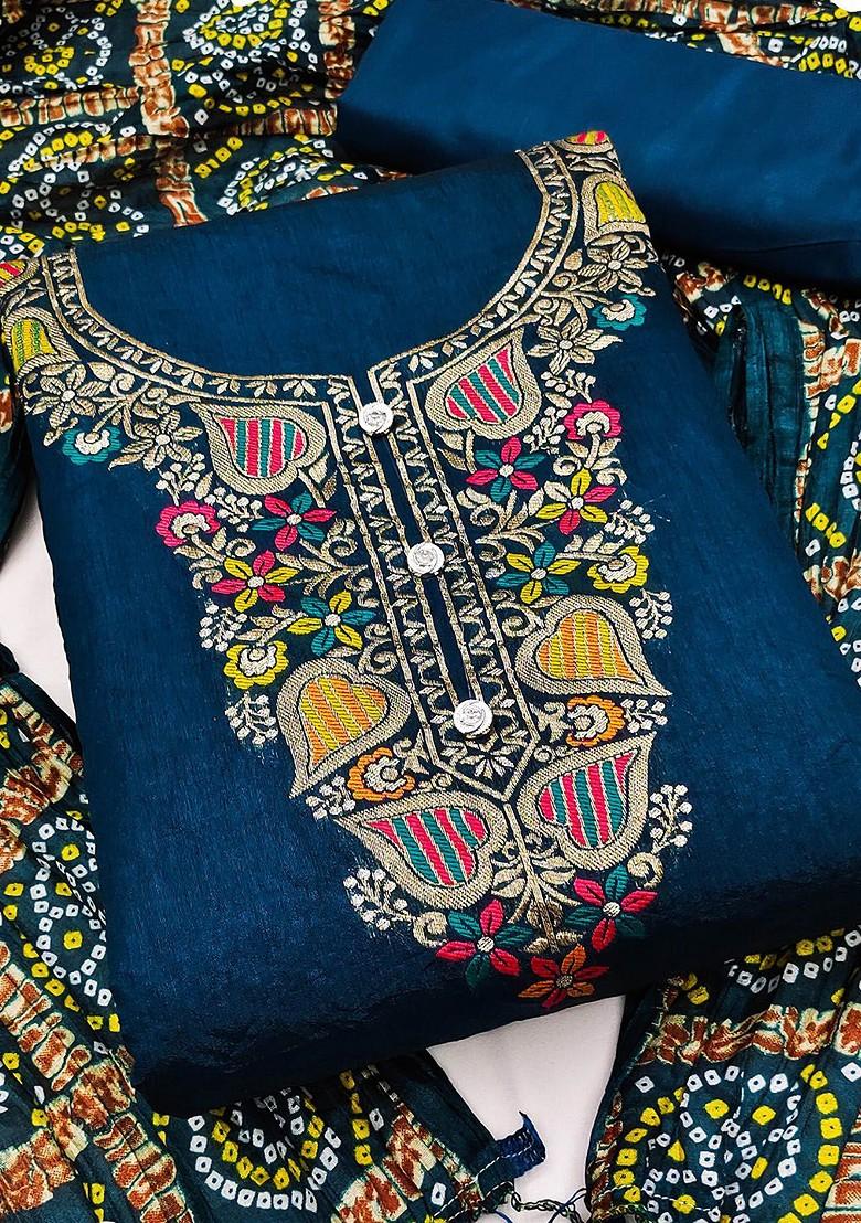 Teal Solid Pure Silk Kurta Set