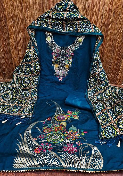 Teal Solid Pure Silk Kurta Set