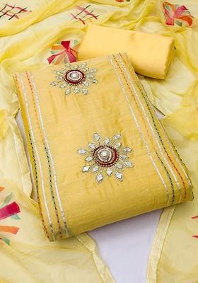 Yellow Embroidered Poly Blend Kurta Set