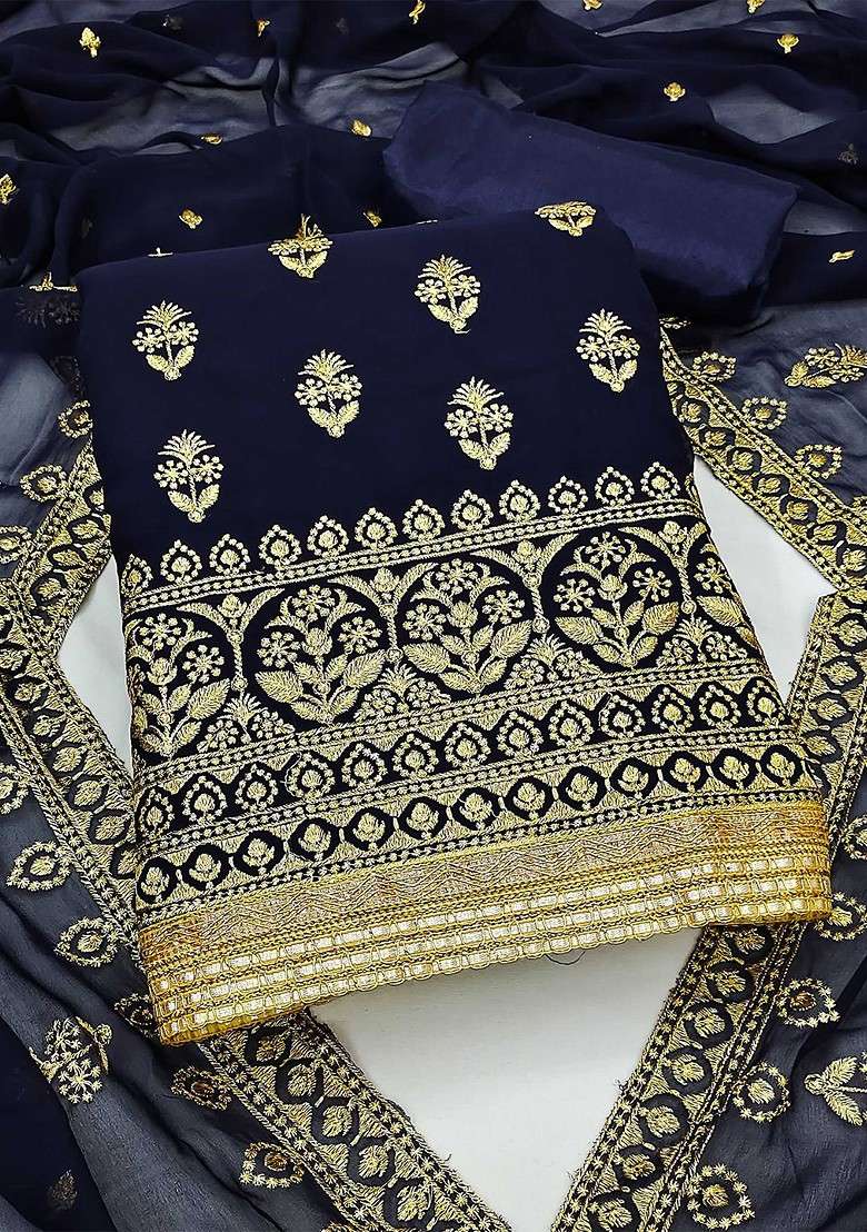 Navy Blue Zari Work Silk Blend Straight Kurta Set - Indya