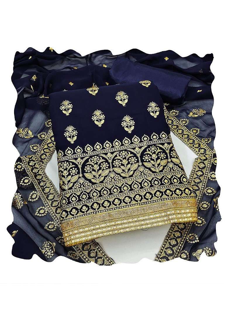 Navy Blue Zari Work Silk Blend Straight Kurta Set - Indya