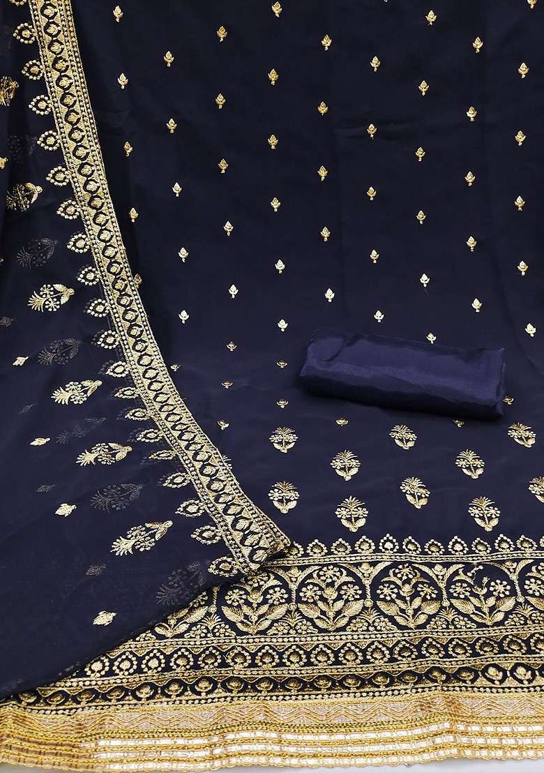 Navy Blue Zari Work Silk Blend Straight Kurta Set - Indya