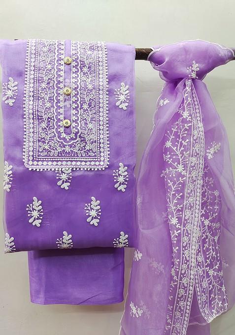 Purple Embroidered Poly Blend Kurta Set