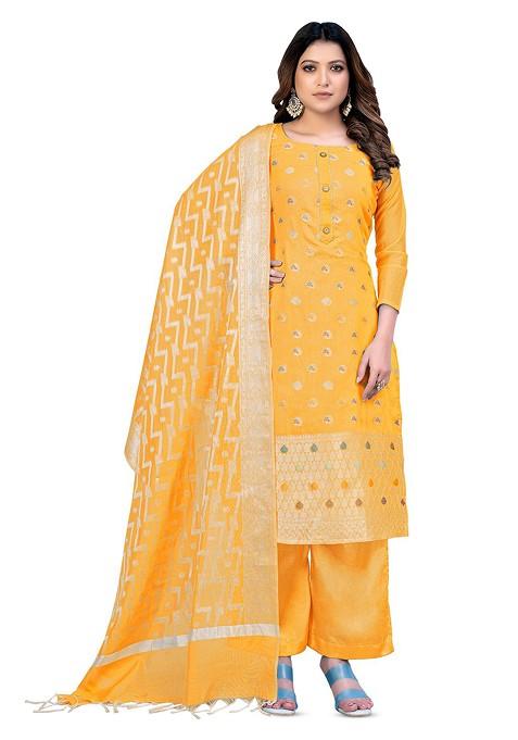 Yellow Woven Banarasi Jacquard Kurta Set