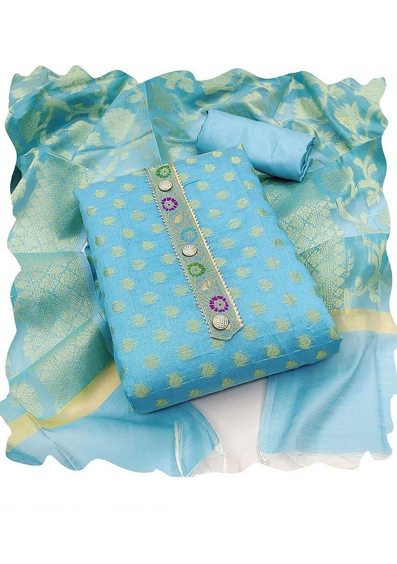 Blue Woven Banarasi Jacquard Kurta Set - Indya