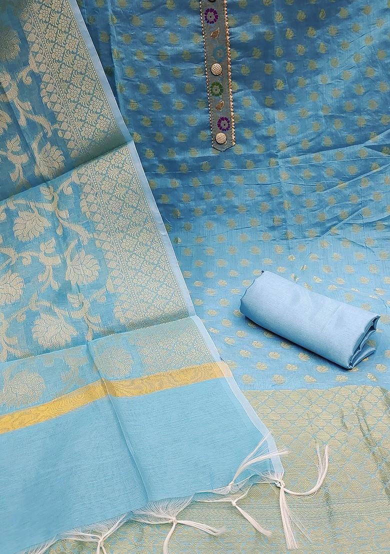 Blue Woven Banarasi Jacquard Kurta Set - Indya