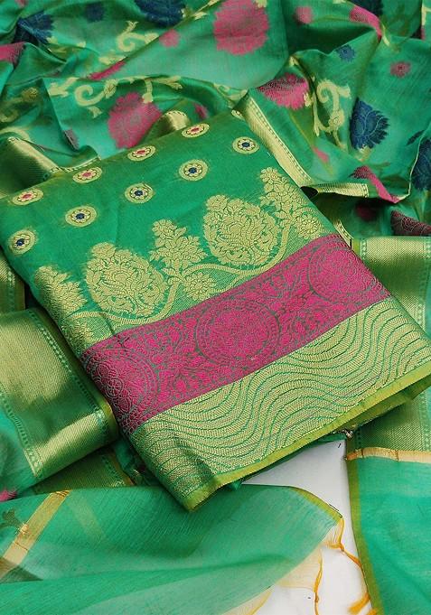 Green Woven Banarasi Jacquard Kurta Set