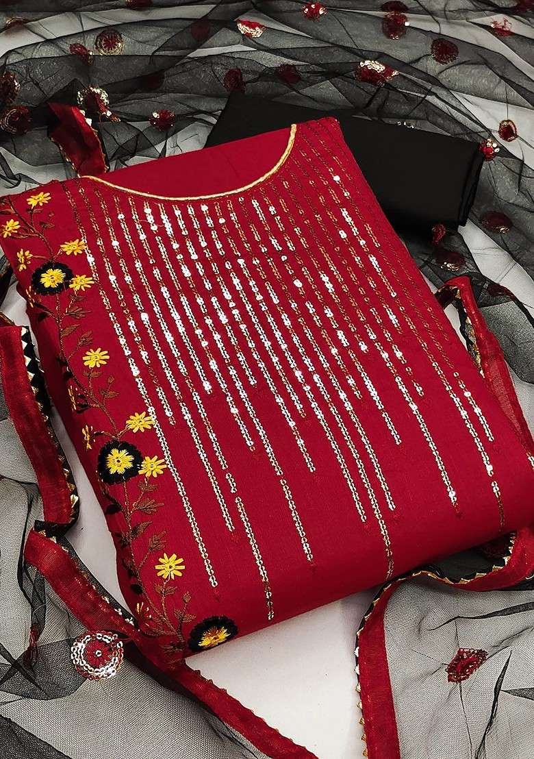 Red Embroidered Blended Straight Kurta Set - Indya