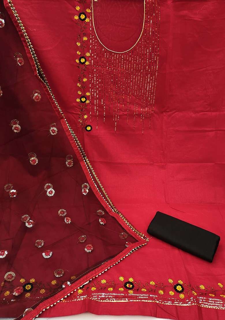 Red Embroidered Blended Straight Kurta Set - Indya