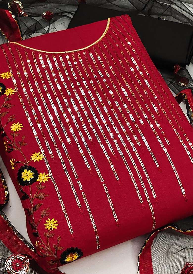 Red Embroidered Blended Straight Kurta Set - Indya