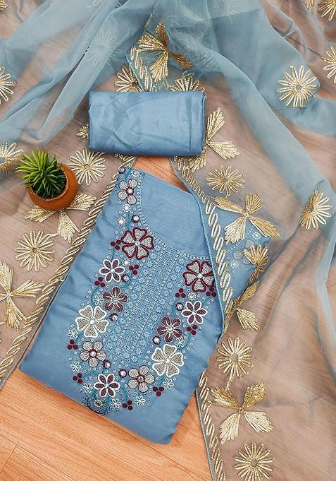 Blue Embellished Organza Kurta Set