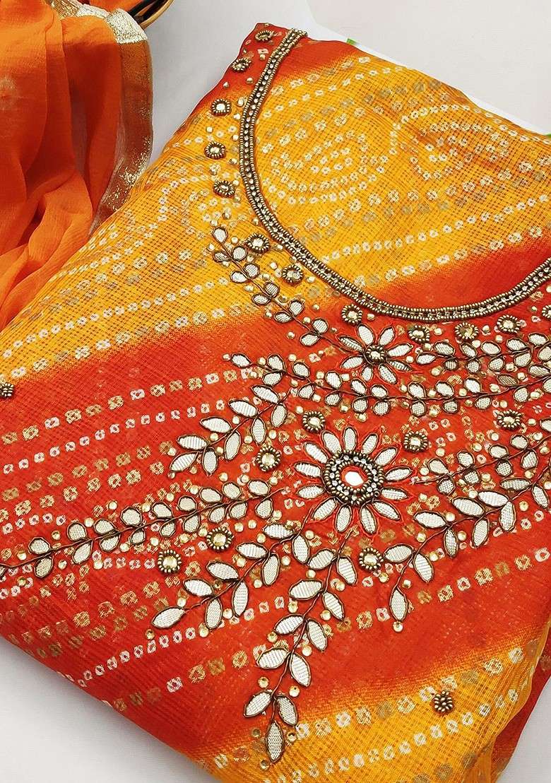 Red Bandhani Blended Straight Kurta Set - Indya