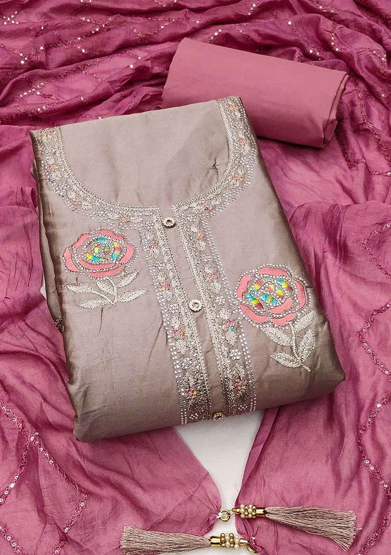 Grey Embroidered Blended Straight Kurta Set - Indya
