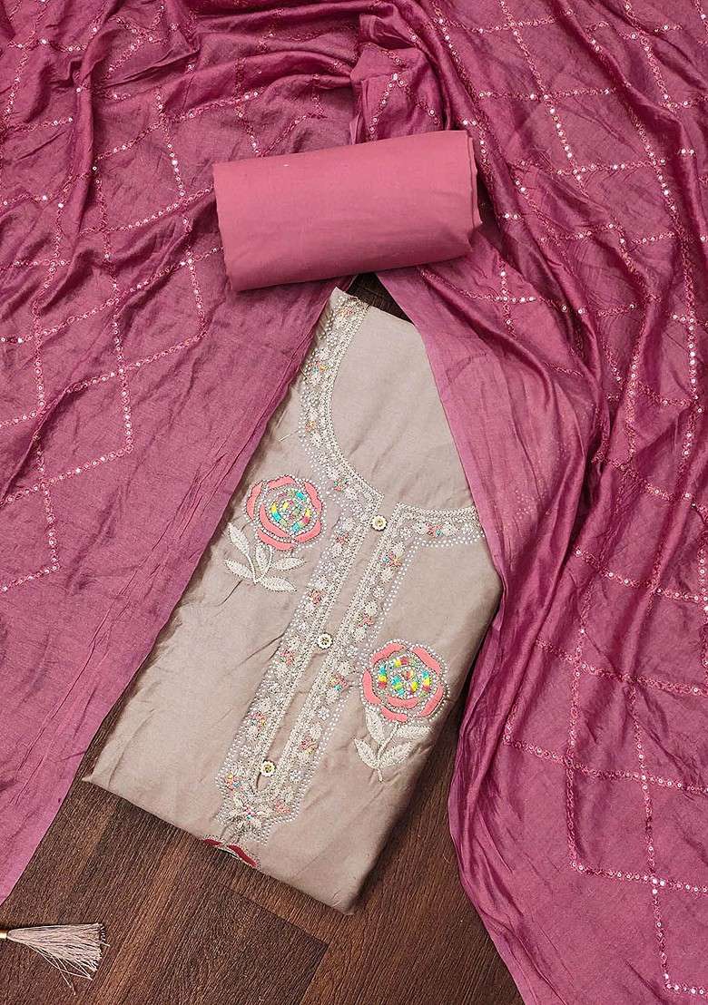 Grey Embroidered Blended Straight Kurta Set - Indya