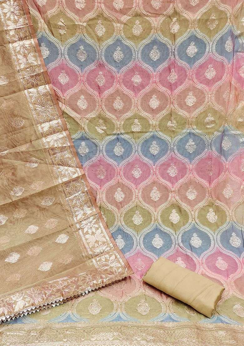 Golden Zari Work Organza Straight Kurta Set - Indya
