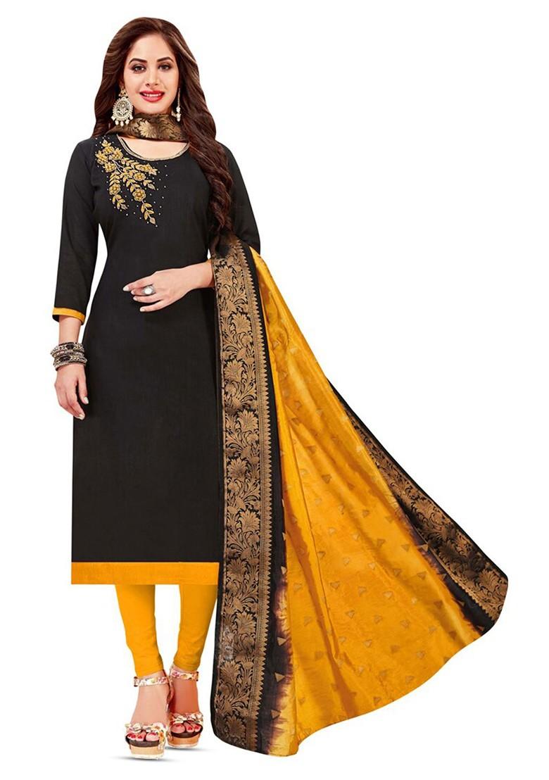 Black Embroidered Cotton Kurta Set - Indya
