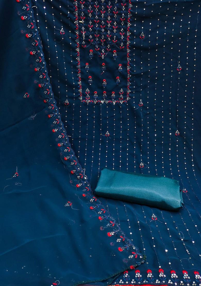 Blue Embroidered Silk Georgette Kurta Set - Indya