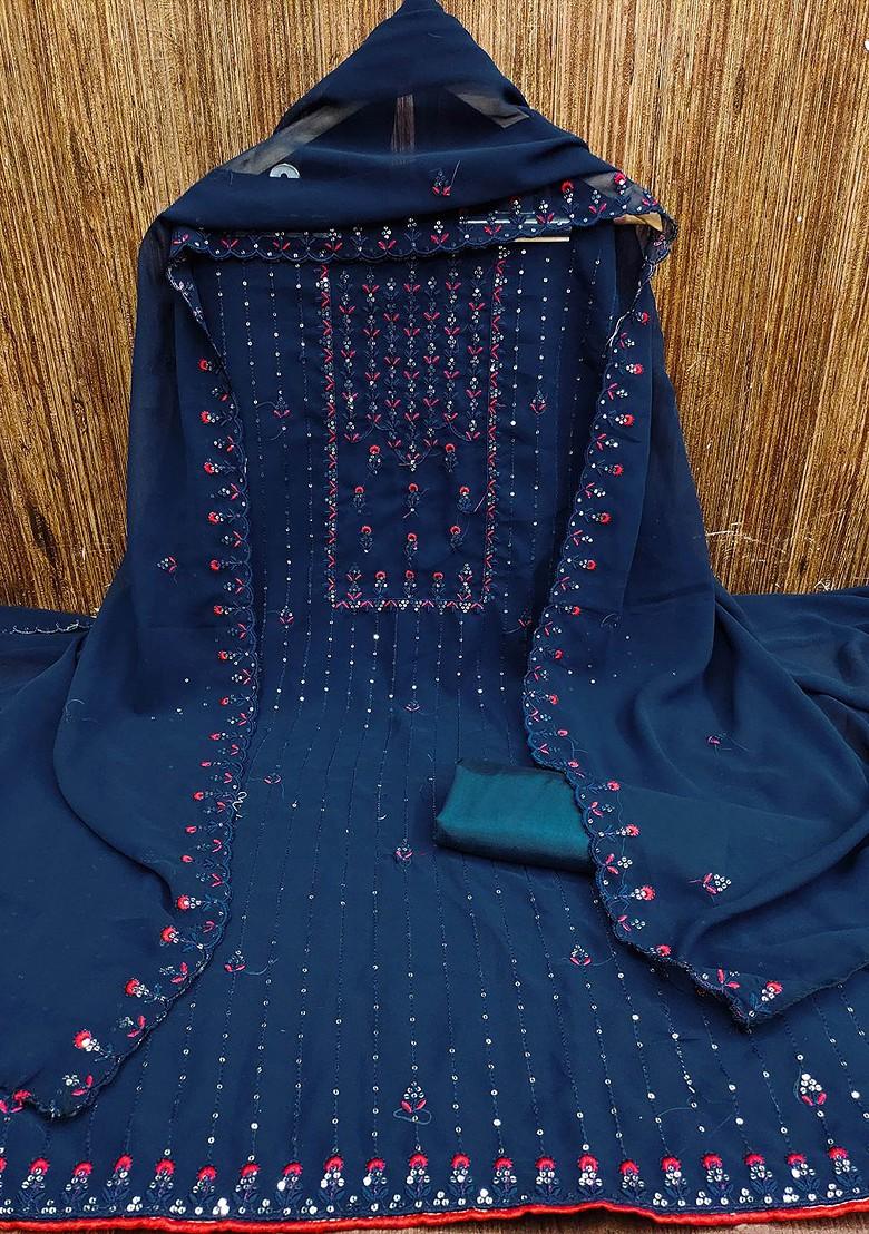 Blue Embroidered Silk Georgette Kurta Set - Indya