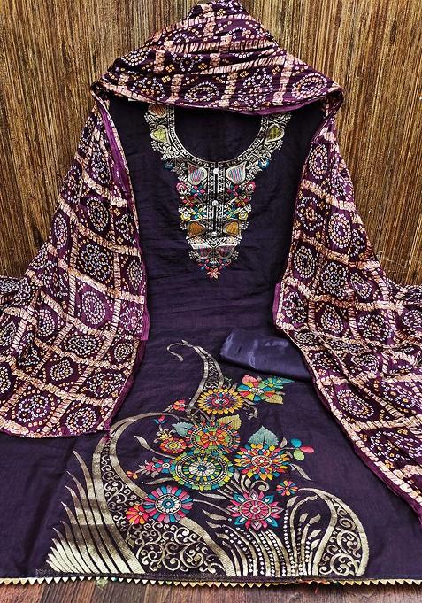 Purple Woven Banarasi Jacquard Kurta Set