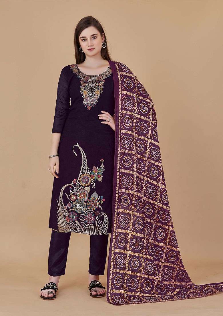 Purple Embroidered Blended Straight Kurta Set - Indya