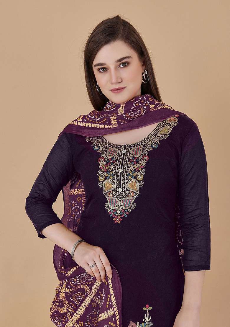 Purple Embroidered Blended Straight Kurta Set - Indya