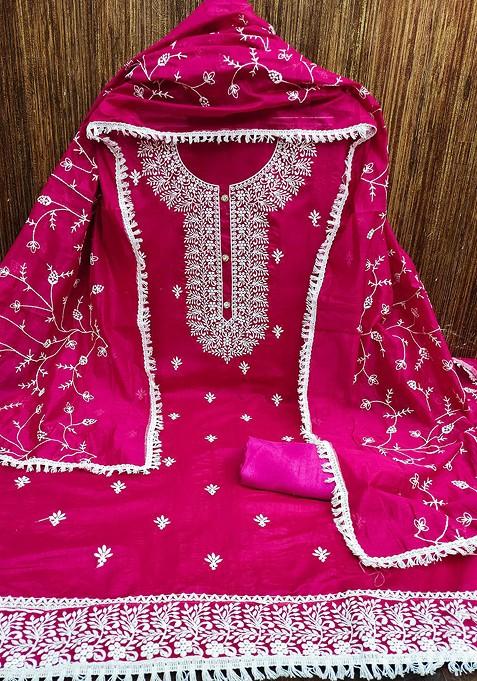 Pink Embroidered Poly Blend Kurta Set