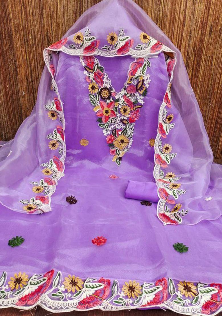 Lavender Resham Embroidered Organza Silk Kurta Set