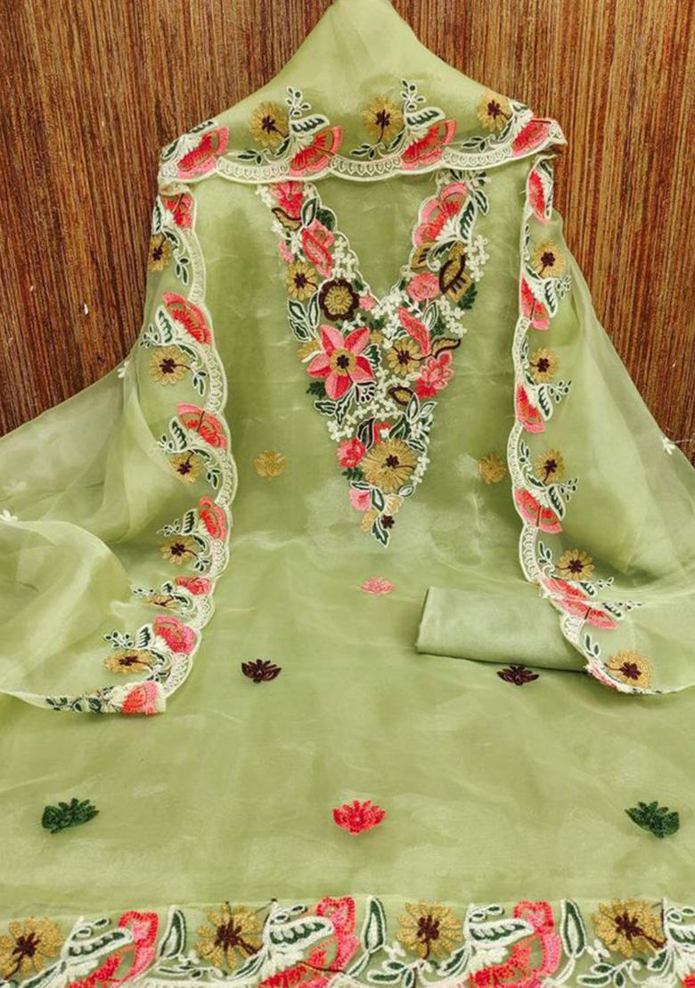 Light Green Resham Embroidered Organza Silk Kurta Set