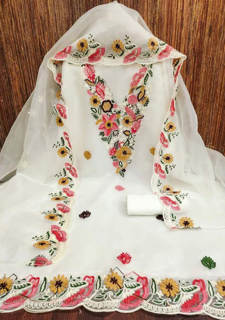 Off White Resham Embroidered Organza Silk Kurta Set