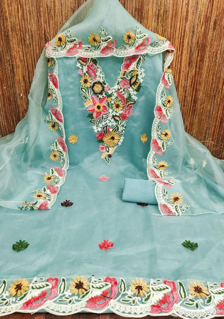 Sky Blue Resham Embroidered Organza Silk Kurta Set