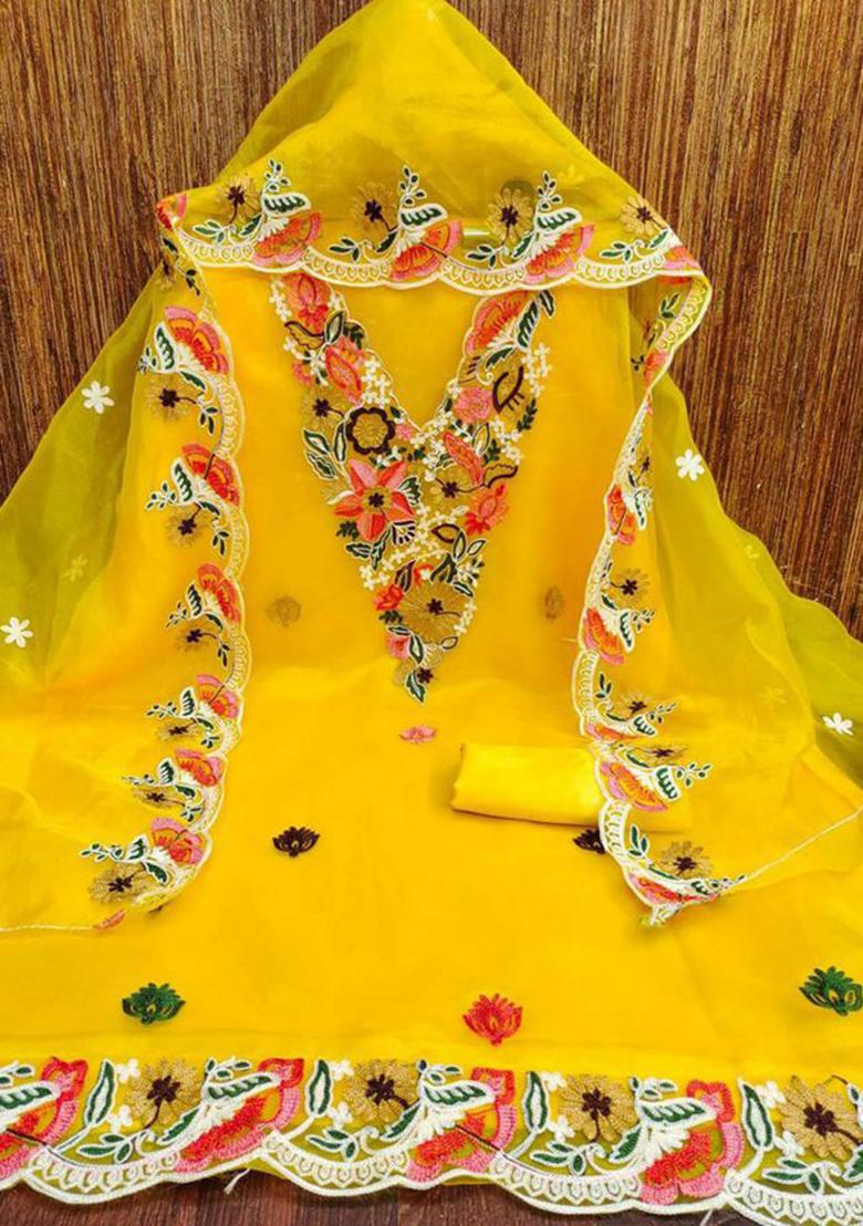 Yellow Resham Embroidered Organza Silk Kurta Set