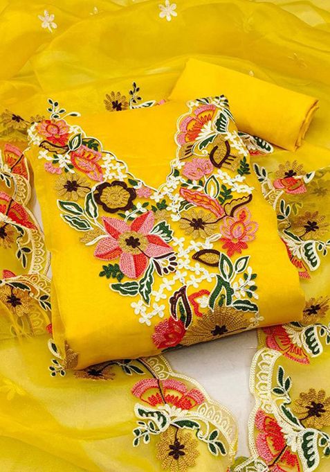 Yellow Resham Embroidered Organza Silk Kurta Set