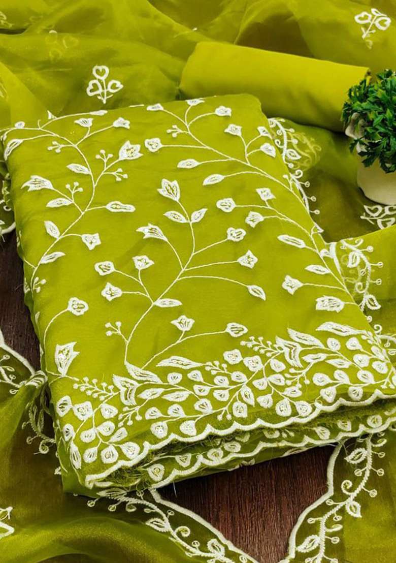 Bottle Green Chikankari Organza Straight Kurta Set - Indya