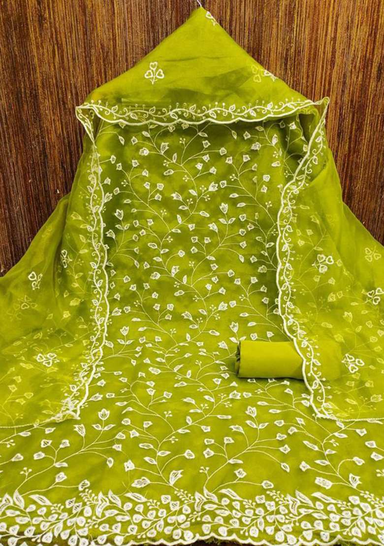 Bottle Green Chikankari Organza Straight Kurta Set - Indya