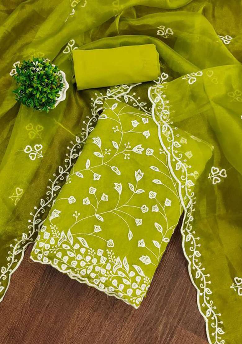 Bottle Green Chikankari Organza Straight Kurta Set - Indya