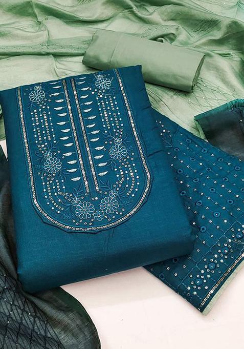 Aqua Blue Sequin Embroidered Cotton Kurta Set