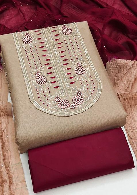 Beige Sequin Embroidered Cotton Kurta Set