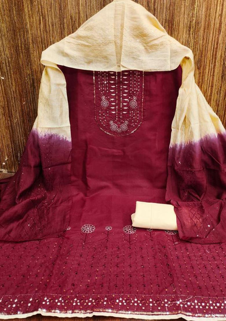 Maroon Sequin Embroidered Cotton Kurta Set